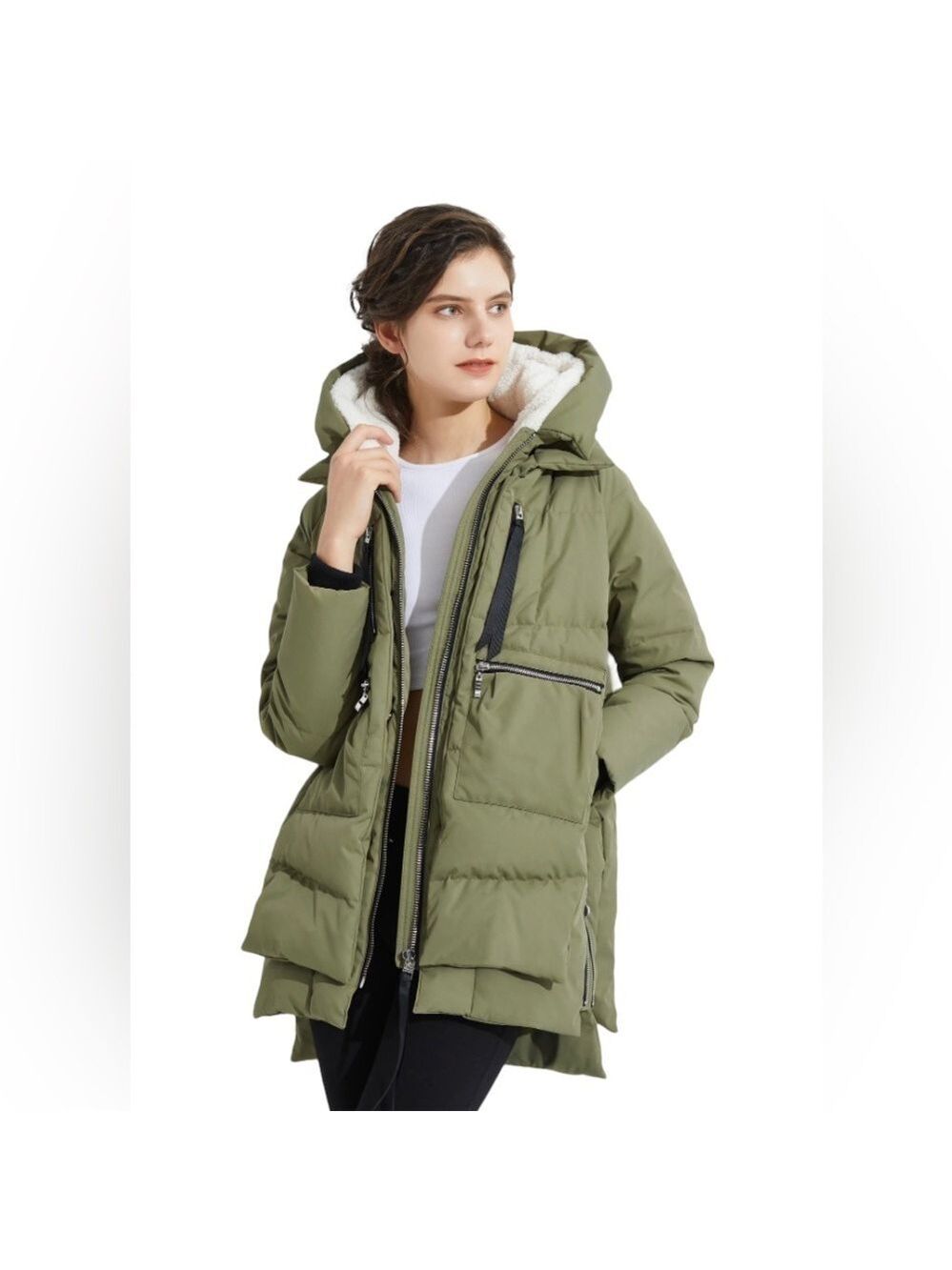 OROLAY Down Puffer Jacket Women’s Medium Sage Oversized Zip Front Thickened